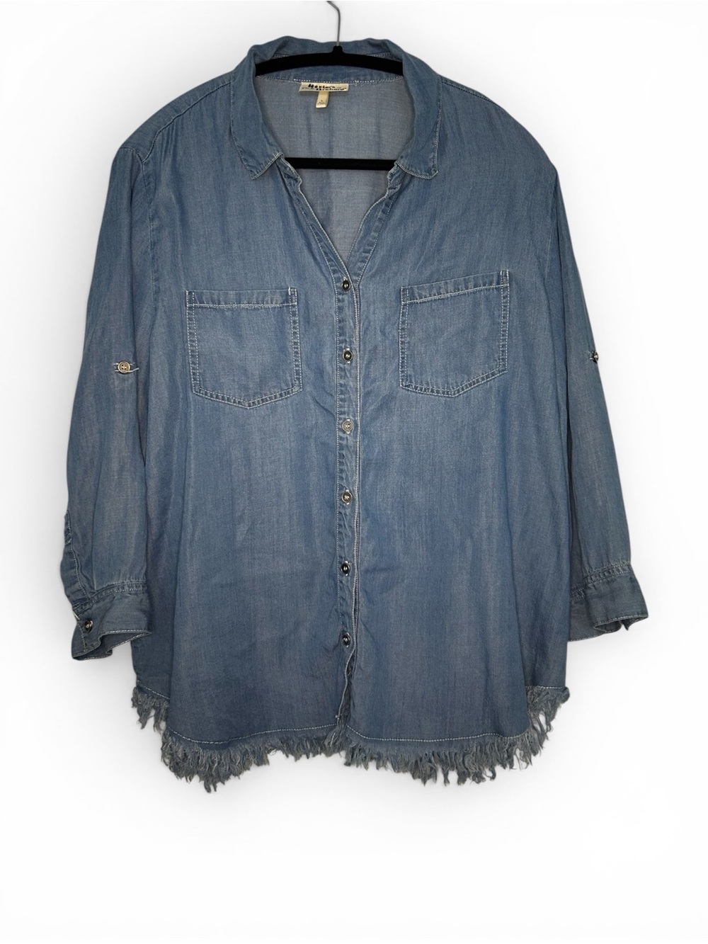Light Wash Chambray Button-Up Shirt with Frayed Hem